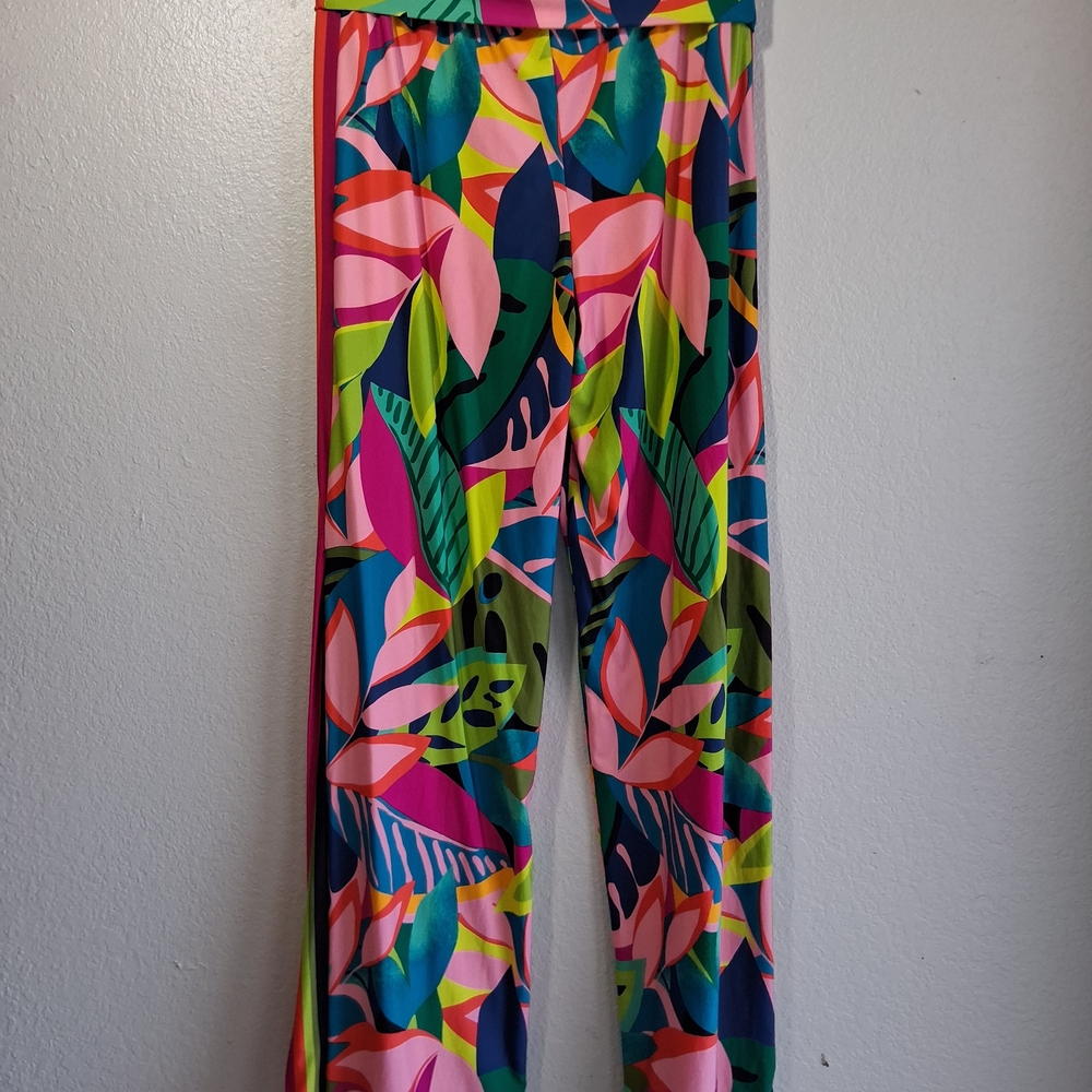 Trina Turk Jewel Tone Tropical Wide Leg Pants Sz. L Side Slits Resort Chic - Picture 6 of 12